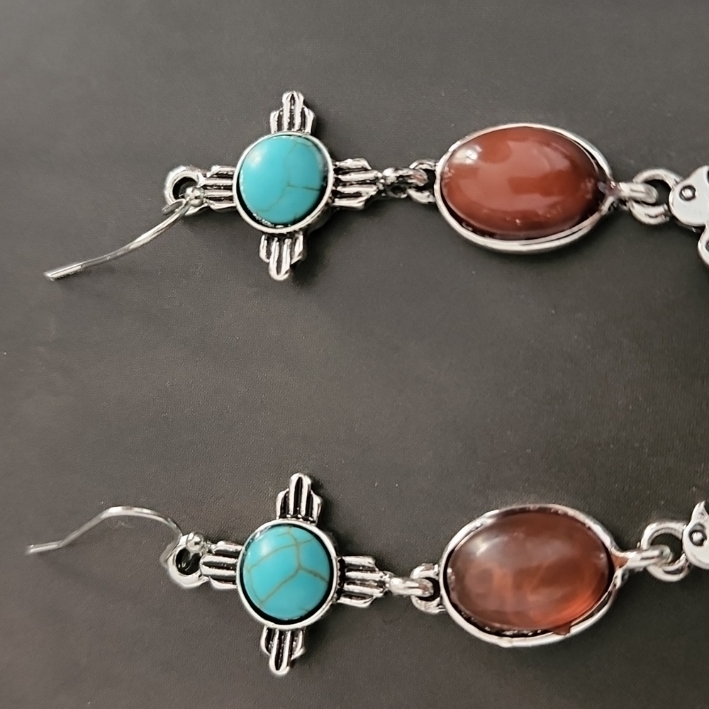 VINTAGE Turquoise Totem Dangle Earrings Boho Tribal Inspired Copper Goldstone - Picture 8 of 13